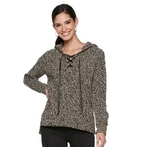 Women's Rock & Republic Black & White Ribbed Lace Up Hooded Sweater,  Size Large